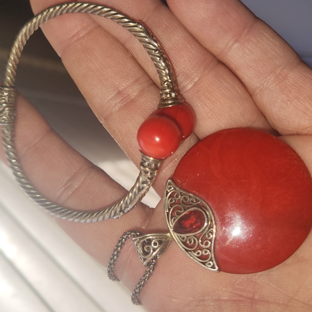 Elegant Sterling Silver Red Coral With Garnet Pendant Necklace and Bracelet Set